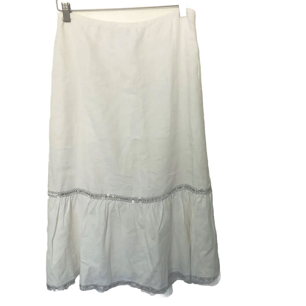 Ann Taylor LOFT White With Sequins Linen A-line Midi Skirt Women Size 4